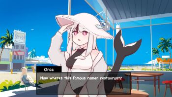 1girl animal arm_up artist_self-insert bare_shoulders bird black_hair black_one-piece_swimsuit blue_sky breasts chibi chonkyorca cloud commentary day dialogue_box english_commentary grey_hair grey_jacket hat highres horizon jacket large_breasts long_hair long_sleeves multicolored_hair ocean one-piece_swimsuit open_clothes open_jacket orca_(chonkyorca) original outdoors palm_tree puffy_long_sleeves puffy_sleeves purple_eyes seagull sky solo stool straw_hat streaked_hair swimsuit table tree two-tone_swimsuit water white_hat white_one-piece_swimsuit