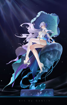 1girl absurdres artist_name asymmetrical_legwear blue_eyes blue_umbrella breasts cantarella_(wuthering_waves) commentary dress facial_mark hair_between_eyes high_heels highres holding holding_umbrella large_breasts long_hair looking_at_viewer mark_under_eye mr_goblin parted_lips purple_hair revision shoes shrug_(clothing) single_thighhigh sitting smile socks solo thighhighs thighs umbrella uneven_legwear white_dress white_shoes white_shrug white_socks white_thighhighs wuthering_waves