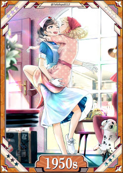 2girls :d absurdres animal antique_phone apron armchair baby_animal bandana black_hair blonde_hair blue_dress blurry blurry_foreground border bra_visible_through_clothes carrying carrying_person chair commentary couple curly_hair dalmatian dog door door_handle dress english_commentary gloves grey_eyes hand_on_another's_ass happy hat highres house indoors kiss kissing_cheek lamp leg_lock legs_up looking_at_another medium_hair multiple_girls no_socks nurse nurse_cap one_eye_closed open_door open_mouth original ornate_border pet phone pink_dress polka_dot polka_dot_dress ponytail postcard puppy red_bandana retro_artstyle rotary_phone shoes short_sleeves sleeve_cuffs smile sneakers standing suitcase table tofufuyu0112 twitter_username wallpaper_(object) white_apron white_gloves white_hat white_shoes wife_and_wife window yuri