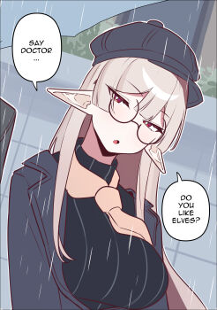 1girl :o absurdres black_hat black_jacket black_shirt breasts commentary day double-parted_bangs elf english_commentary english_text glasses grey_hair hat highres jacket large_breasts long_hair looking_at_viewer mirui09 open_clothes open_jacket open_mouth original outdoors pointy_ears red_eyes shirt sidelocks solo speech_bubble talking upper_body