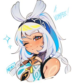 1girl artist_name bare_shoulders blue_hair blue_hairband blush braid closed_mouth commentary english_commentary genshin_impact hairband head_tilt highres long_hair looking_at_viewer memeh mualani_(genshin_impact) multicolored_hair one_eye_closed red_eyes second-party_source simple_background smile solo streaked_hair symbol-shaped_pupils twin_braids two-tone_hair white_background white_hair