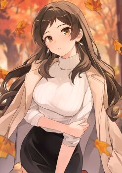 1girl absurdres autumn autumn_leaves b1ack_illust black_skirt blurry blurry_background blush breasts brown_eyes brown_hair commentary_request cowboy_shot day earrings falling_leaves hand_on_own_arm highres idolmaster idolmaster_million_live! jacket jacket_on_shoulders jewelry kitazawa_shiho large_breasts leaf long_hair outdoors parted_lips pencil_skirt ribbed_sweater skirt solo standing sweater turtleneck turtleneck_sweater white_sweater