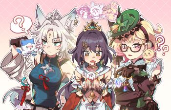 3girls ? animal_ear_fluff animal_ear_piercing animal_ears aqua_eyes artist_name bare_shoulders black_gloves blonde_hair blush bottle bridal_gauntlets chiikawa chinese_clothes closed_mouth clothing_cutout coat crossover detached_collar detached_sleeves dodo_t dress drooling emilie_(genshin_impact) feixiao_(honkai:_star_rail) fox_ears fox_girl bad_tag frilled_dress frills genshin_impact gloves gradient_background gradient_hair green_hair hair_between_eyes hat headpiece high_ponytail highres hip_vent holding honkai:_star_rail honkai_(series) in-franchise_crossover korean_commentary long_hair long_sleeves looking_down looking_to_the_side meme mouth_drool multicolored_hair multiple_girls nagano_(grayparka)_(style) off_shoulder open_clothes open_coat open_mouth orange_eyes parted_bangs perfume_bottle pink_background pink_eyes ponytail red_nails shade short_hair short_sleeves sleeveless sleeveless_dress spoken_question_mark standing twitter_username upper_body white_hair wide_sleeves yunli_(honkai:_star_rail)