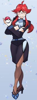 1girl ahoge black_suit breasts brown_pantyhose cleavage collarbone formal_clothes glasses grin high_heels highres holding holding_poke_ball jacket large_breasts long_hair long_sleeves lorelei_(pokemon) missandydandy nintendo pantyhose pencil_skirt poke_ball poke_ball_(basic) pokemon pokemon_lgpe ponytail red_eyes red_hair semi-rimless_eyewear sidelocks skirt skirt_suit smile solo suit suit_jacket tsurime turtleneck undershirt