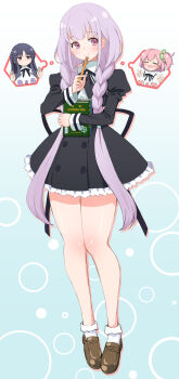 Rule 34 | 1girl, absurdres, assault lily, black skirt, book, braid, brown shoes, closed mouth, commentary request, full body, gradient background, highres, hitotsuyanagi riri, hitotsuyanagi yuri, holding, holding book, implied yuri, juliet sleeves, loafers, long hair, long sleeves, mechanical pencil, pencil, petag2, puffy sleeves, school uniform, shirai yuyu, shoes, skirt, smile, socks, speech bubble, standing, thinking, thought bubble, twin braids, white socks, yurigaoka girls academy school uniform