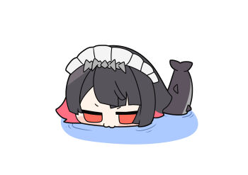1girl :3 absurdres black_hair chibi chibi_only colored_inner_hair ellen_joe fins fish_tail hairband highres in_water maid_headdress metal_hairband multicolored_hair red_eyes shark_girl shark_tail shinonome_nashi short_hair simple_background solo spiked_headband tail v-shaped_eyebrows white_background zenless_zone_zero