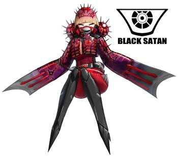 1girl belt belt_buckle black_belt black_sclera blonde_hair buckle colored_sclera commentary cyborg eidenjyou1997 emblem english_commentary fins fish_girl full_body genderswap genderswap_(mtf) gradient_hair highres invisible_chair kamen_rider kamen_rider_stronger_(series) kikkaijin_torafugun looking_at_viewer mask monster_girl mouth_mask multicolored_hair no_hands pink_hair red_eyes short_eyebrows simple_background sitting solo spikes squinting straight-on white_background