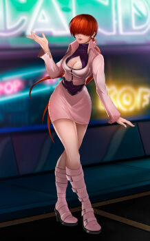 Rule 34 | 1girl, absurdres, amusement park, boots, breasts, cleavage, cleavage cutout, clothing cutout, curvy, dress, earrings, female focus, fishnets, high heels, highres, jacket, jewelry, large breasts, long hair, neon lights, outdoors, pale skin, park, ponytail, red hair, shermie (kof), shiny clothes, shiny skin, skirt, smile, standing, teban19, the king of fighters, thick thighs, thighs, twintails, wide hips
