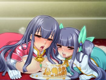 Rule 34 | 2girls, artist request, ass, blush, breasts, breasts squeezed together, cum, cum on body, cum on food, cum on upper body, cumdrip, gloves, gokkun, hair ornament, indoors, jewelry, large breasts, long hair, multiple girls, small breasts, steam, trembling, wide hips