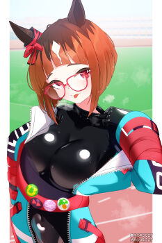 1girl absurdres animal_ears arched_bangs black_bodysuit blue_jacket blunt_bangs blunt_ends blush bodysuit breasts closed_mouth commentary commission covered_navel glasses highres horse_ears horse_girl impossible_bodysuit impossible_clothes jacket large_breasts latex latex_bodysuit maguro27 mixed-language_commentary open_clothes open_jacket orange_hair pixiv_commission red-framed_eyewear red_eyes short_hair smile solo steaming_body sweat tongue tongue_out transcend_(umamusume) umamusume