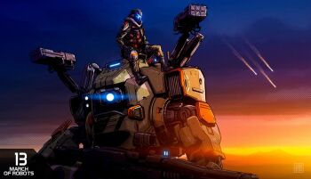 Rule 34 | 1boy, assault visor, black boots, blue eyes, blue visor, boots, bt-7274, bulletproof vest, commentary, glowing, glowing eye, gradient sky, gun, helmet, holding, holding gun, holding weapon, jack cooper, juan richard feliz, male focus, mecha, mecha pilot suit, missile pod, on mecha, one-eyed, orange sky, purple sky, robot, science fiction, sitting, sky, titan (titanfall), titanfall (series), titanfall 2, twilight, upper body, weapon