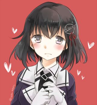 1girl blush brown_hair collared_jacket collared_shirt commentary_request frown gloves grey_eyes haguro_(kancolle) haguro_kai_ni_(kancolle) hair_between_eyes hair_ornament heart jacket kantai_collection looking_at_viewer medium_hair motohara_moka neck_ribbon purple_jacket red-framed_eyewear ribbon shirt simple_background solo twitter_username upper_body white_gloves white_shirt