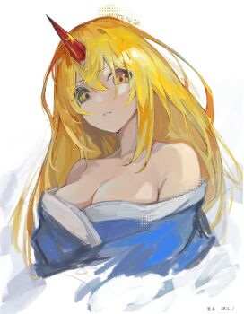 1girl absurdres bare_shoulders blonde_hair blue_kimono breasts cleavage collarbone commentary dated expressionless hair_between_eyes highres horns hoshiguma_yuugi hoshiguma_yuugi_(kimono) japanese_clothes kimono long_hair looking_at_viewer medium_breasts off_shoulder official_alternate_costume oni parted_lips sashimi_oniku single_horn solo touhou upper_body yellow_eyes