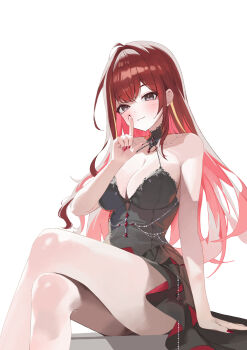 1girl :3 akane_lize bare_arms bare_legs bare_shoulders black_choker black_dress black_eyes breasts choker cleavage closed_mouth crossed_legs dress finger_to_mouth halterneck hand_up highres lace_trim large_breasts long_hair looking_at_viewer mole mole_on_cheek multicolored_hair rahwol177 red_hair red_nails shushing simple_background sitting sleeveless sleeveless_dress smile solo spaghetti_strap stellive streaked_hair thighs virtual_youtuber white_background