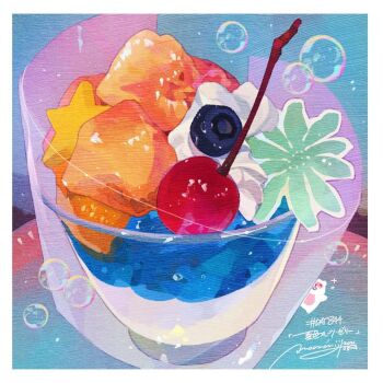 Rule 34 | bad source, blue background, border, bubble, cherry, commentary, commentary request, english commentary, food, food focus, fruit, gelatin, glass, mixed-language commentary, momiji mao, no humans, orange (fruit), orange slice, original, signature, starfruit, whipped cream, white border