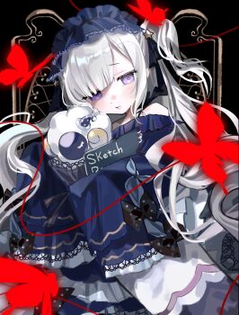 1girl black_background black_bow black_ribbon blue_dress blue_hairband blunt_bangs bow bug butterfly closed_mouth commentary_request cowboy_shot crescent crescent_necklace dress frilled_dress frills gothic_lolita grey_hair hair_over_one_eye hairband highres holding holding_sketchbook insect jewelry lolita_fashion lolita_hairband long_hair long_sleeves looking_at_viewer magical_girl mahou_shoujo_no_majo_saiban natsume_an-an neck_ribbon necklace polka_dot polka_dot_bow pon_(02gr_p) purple_eyes red_butterfly ribbon sketchbook sleeves_past_fingers sleeves_past_wrists solo standing star_(symbol) stuffed_animal stuffed_sheep stuffed_toy very_long_hair