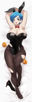 absurdres alternate_breast_size_(larger) animal_ears arms_up black_leotard black_pantyhose blue_eyes blue_hair bow bowtie breasts bulma commission curvy dragon_ball dragon_ball_(object) fake_animal_ears highres large_breasts leotard lying on_back pantyhose playboy_bunny rabbit red_bow red_bowtie short_hair smile strapless strapless_leotard zuyu_(zuyuzuyu6)