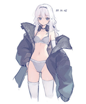 1girl asicah asta_(asicah) black_coat blue_eyes bra breasts choker coat cropped_legs dated elbow_gloves gloves grey_bra groin hairband long_hair looking_at_viewer navel off_shoulder open_clothes open_coat original simple_background single_bare_shoulder single_off_shoulder small_breasts solo thighhighs underwear white_background white_hair white_thighhighs