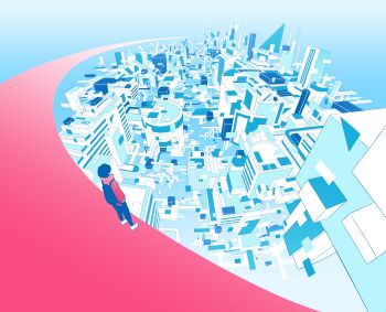 1other absurdres ambiguous_gender backpack bag black_hair city cityscape flat_color from_above from_behind hebitsukai highres hood hood_down hoodie incredibly_absurdres long_sleeves original red_hoodie shoes short_hair sneakers standing white_footwear