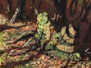 Rule 34 | autumn leaves, colored sclera, commentary request, forest, full body, leaf, log, narrowed eyes, nature, nintendo, no humans, odo 7ta, orange sclera, pokemon, pokemon (creature), pokemon focus, shadow, solo, tree, white eyes, wo-chien