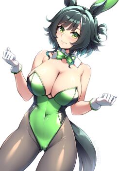 1girl alternate_costume animal_ear_hairband animal_ears bare_shoulders black_pantyhose blush bow bowtie breasts closed_mouth detached_collar fake_animal_ears gloves green_bow green_bowtie green_eyes green_hair green_leotard hairband highres horse_ears horse_girl horse_tail kiseki_(umamusume) large_breasts leotard looking_at_viewer pantyhose pataneet playboy_bunny rabbit_ear_hairband rabbit_ears simple_background solo strapless strapless_leotard tail umamusume wavy_mouth white_background white_gloves