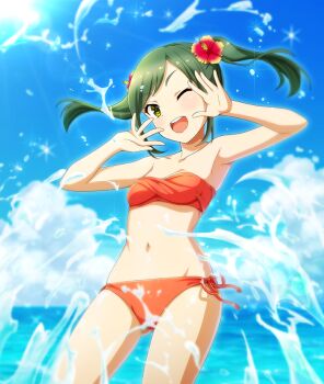 1girl :d ;d armpits bandeau bare_shoulders bikini blue_sky breasts cleavage cloud collarbone cowboy_shot day dot_nose flower game_cg green_eyes green_hair groin hands_up hibiscus horizon medium_hair nagae_futaba navel ocean official_art one_eye_closed open_mouth orange_bandeau red_flower side-tie_bikini_bottom sidelocks sky small_breasts smile solo splashing strapless strapless_bikini sun swimsuit teeth third-party_source toji_no_miko toji_no_miko:_kizamishi_issen_no_tomoshibi twintails upper_teeth_only yellow_flower