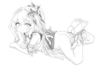 1girl ass blush clothes_lift djheycha dress dress_lift feet genshin_impact greyscale hair_ornament legs legs_up loli long_hair lying mihoyo monochrome nahida_(genshin_impact) no_panties on_stomach pointy_ears ponytail side_ponytail sketch sleeveless sleeveless_dress socks soles solo thighs toes