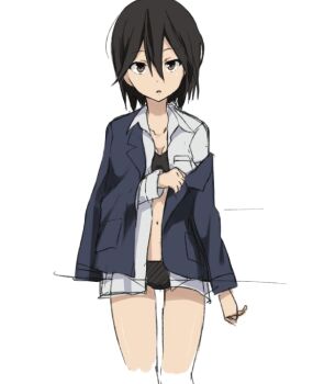 Rule 34 | 10s, 1girl, black bra, black hair, black panties, blazer, bra, breast pocket, brown eyes, cropped legs, hair between eyes, inaba himeko, jacket, kokoro connect, midriff, mokkei, navel, no pants, off shoulder, open clothes, open shirt, panties, pocket, school uniform, shirt, underwear