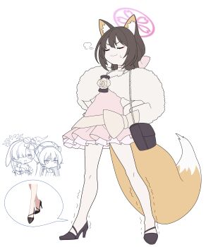 3girls absurdres animal_ear_fluff animal_ears bag black_bag black_shoes blue_archive brown_hair closed_eyes closed_mouth commentary_request dress fox_ears fox_girl fox_tail fur_shawl halo hands_on_own_hips high_heels highres holding holding_bag izuna_(blue_archive) izuna_(dress)_(blue_archive) korean_commentary medium_hair michiru_(blue_archive) michiru_(dress)_(blue_archive) multiple_girls pink_dress purple_halo shawl shoes sweatdrop tail trembling tsukuyo_(blue_archive) tsukuyo_(dress)_(blue_archive) vector_(dmlddmld00)
