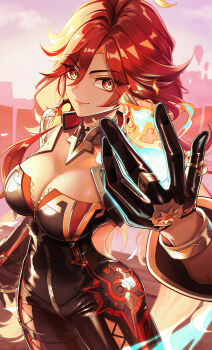 1girl absurdres ahoge biker_clothes bikesuit black_bodysuit black_gloves bodysuit breasts cleavage commentary_request earrings fire genshin_impact gloves green_fire highres jewelry large_breasts long_hair long_sleeves looking_at_viewer mavuika_(genshin_impact) multicolored_hair orange_eyes orange_hair orange_pupils pyrokinesis red_hair smile solo sun_earrings symbol_in_eye tatty two-tone_hair very_long_hair
