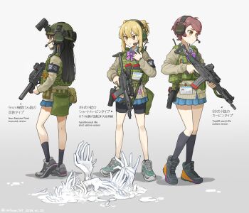 Rule 34 | 3girls, ammunition pouch, assault rifle, commentary request, full body, gun, headset, helmet, highres, holding, holding gun, holding weapon, howa type 89, id card, load bearing vest, magazine (weapon), mifune ( mifune 707), minebea pm-9, multiple girls, original, pouch, rifle, school uniform, scissors, suppressor, tactical school uniform, weapon