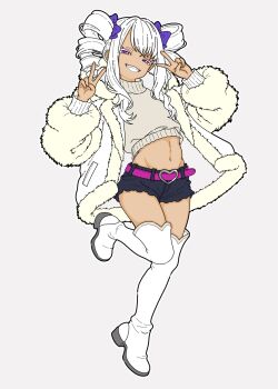 1girl belt black_shorts boots bow buckle coat colored_eyelashes commentary_request cropped_sweater double_v drill_hair fur_coat grey_background gyaru hair_bow heart heart-shaped_buckle highres linea_alba looking_at_viewer navel nonnki original parted_lips pink_belt pink_eyes purple_bow short_shorts shorts smile solo standing standing_on_one_leg sweater teeth thigh_boots thighs turtleneck turtleneck_sweater twin_drills v white_boots white_coat white_hair