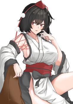 Rule 34 | 1girl, absurdres, black hair, breasts, collarbone, commentary request, detached sleeves, hat, highres, kourindou tengu costume, kuraki, looking at viewer, no panties, obi, pelvic curtain, pom pom (clothes), red eyes, red hair, red sash, sash, shameimaru aya, short hair, side slit, sideboob, simple background, solo, thighs, tokin hat, touhou, white background