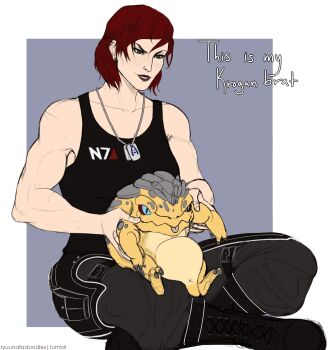 alien animated animated_gif baby belly big_belly commander_shepard commander_shepard_(female) english_text highres krogan mass_effect_(series) muscular muscular_female ryuuna speech_bubble tank_top tumblr tumblr_username