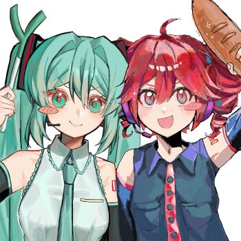 2girls :d ahoge aqua_eyes aqua_hair aqua_necktie aqua_trim baguette bare_shoulders black_sleeves blush_stickers bread breast_pocket commentary_request detached_sleeves drill_hair food hair_ornament hatsune_miku highres holding holding_food kasane_teto kasane_teto_(utau) multiple_girls necktie number_tattoo open_mouth pocket red_eyes red_hair red_trim shirt shoulder_tattoo simple_background sleeveless sleeveless_shirt smile spring_onion tattoo twin_drills twintails upper_body ussame utau vocaloid white_background wing_collar