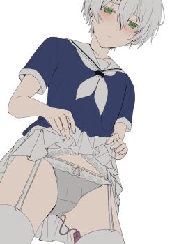 1boy anal anal_object_insertion bishounen blush bow bow_panties bulge clothes_lift commentary_request crossdressing crossdressing_(mtf) crotch_seam from_below garter_belt garter_straps girly_boy green_eyes half-closed_eyes male_focus male_penetrated object_insertion open_mouth original panties partial_commentary sailor_collar sex_toy simple_background skirt skirt_lift solo spot_color sunaba_(nczd5875) underwear unfinished white-haired_boy_(sunaba_(nczd5875)) white_background white_hair white_panties