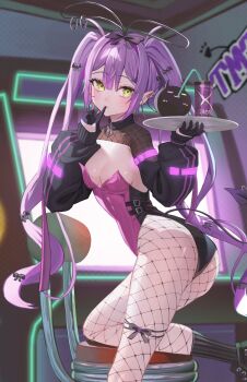 1girl alternate_costume ass bibi_(tokoyami_towa) black_gloves black_leotard black_shoes black_shrug black_socks blurry blurry_background blush bow breasts can center-flap_bangs cleavage clothing_cutout commentary_request demon_girl demon_tail double-parted_bangs drink_can earrings fishnet_pantyhose fishnet_shrug fishnets gloves green_eyes hair_bow half_gloves hands_up highres holding holding_tray hololive indoors jewelry leotard long_hair long_sleeves looking_at_viewer medium_breasts mouth_hold multicolored_hair multicolored_leotard on_stool pantyhose piercing pink_hair pink_leotard playboy_bunny pointy_ears puffy_long_sleeves puffy_sleeves purple_hair ribbed_socks sanada_keisui shoes shrug_(clothing) socks solo spiked_ear_piercing streaked_hair tail tail_ornament tail_piercing tail_through_clothes tokoyami_towa tray twintails two-tone_leotard very_long_hair virtual_youtuber