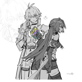 1boy 1girl acheron_(honkai:_star_rail) armor bare_shoulders breasts choker confused elbow_gloves gloves greyscale hair_ornament highres honkai:_star_rail honkai_(series) loading_icon long_hair medium_breasts monochrome pants phainon_(honkai:_star_rail) rizu033 short_hair shorts signature spot_color thighs trick_snack_(honkai:_star_rail) zoom_layer