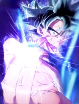 Rule 34 | 1boy, arm up, aura, battle damage, black hair, blue shirt, dragon ball, dragon ball super, gokuu (goku xeno59), hakai (dragon ball), hand up, highres, male focus, muscular, muscular male, purple aura, saiyan, shirt, solo, son goku, spiked hair, super saiyan, ultra instinct, ultra instinct sign