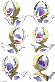 &gt;_&lt; commentary_request gen_7_pokemon ingoguma legendary_pokemon lunala multiple_expressions nervous nintendo no_humans open_mouth pokemon pokemon_(creature) red_eyes simple_background sleeping surprised tongue tongue_out white_background zzz