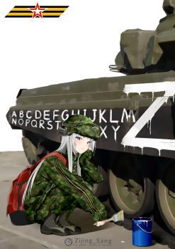 Rule 34 | 1girl, absurdres, alphabet, arm support, artist name, backpack, bag, blue eyes, bucket, camouflage, caterpillar tracks, chinese commentary, grey hair, helmet, highres, holding, holding paintbrush, military, military combat uniform, military uniform, military vehicle, mole, mole under eye, motor vehicle, original, paintbrush, red bag, ribbon of saint george, russian ground forces, solo, squatting, t-72, tank, white paint, z (russian symbol), zijing sang