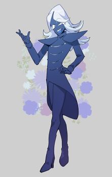 Rule 34 | 1boy, blue coat, blue gloves, blue pants, blue skin, blue tongue, boots, coat, coattails, colored skin, colored tongue, commentary request, deltarune, eyelashes, flipped bangs, flipped hair, floral background, flower, full body, gloves, grey background, hand up, high heels, komugiko (bitte komu), long hair, looking at viewer, male focus, open mouth, pants, pink flower, purple flower, rouxls kaard, shoulder pads, solo, standing, tailcoat, teeth, thigh boots, turtleneck, turtleneck coat, upper teeth only, utdr (toby fox), white flower, white hair