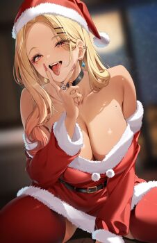 Rule 34 | 1girl, amagimei, bare shoulders, black choker, breasts, choker, christmas, cleavage, commentary request, dress, fur-trimmed dress, fur-trimmed headwear, fur trim, gloves, gyaru, hair ornament, hairclip, hat, highres, jewelry, large breasts, long sleeves, mole, mole on breast, mole under eye, original, piercing, red eyes, red gloves, red hat, ring, santa costume, santa dress, santa hat, sitting, tongue, tongue out, tongue piercing, v