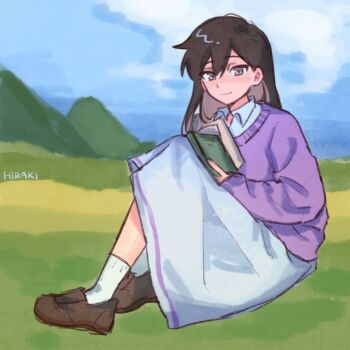 1girl alternate_costume aoihiraki black_eyes black_hair blue_sky book brown_shoes closed_mouth collared_shirt day double-parted_bangs hair_between_eyes highres holding holding_book knees_up long_sleeves looking_at_viewer mari_(faraway)_(omori) mari_(omori) omori outdoors purple_sweater shirt shirt_under_sweater shoes skirt sky smile socks solo sweater white_shirt white_skirt white_socks