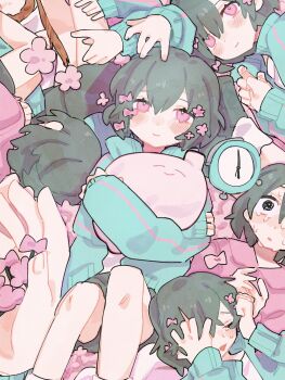 Rule 34 | 1girl, @ @, alarm clock, aqua jacket, black eyes, black hair, black shoes, black shorts, blush, bow, clock, clone, closed eyes, closed mouth, collared shirt, commentary request, dot nose, flower, hair bow, hair ornament, hairclip, highres, holding, holding stuffed toy, hugging object, iyowa girls, jacket, kurari-chan (iyowa), kyu-kurarin (cevio), looking at viewer, lying, open clothes, open jacket, open mouth, pink bow, pink eyes, pink flower, pink shirt, pink trim, ronroro, rope, shirt, shoes, short hair, shorts, smile, socks, stuffed animal, stuffed toy, sweat, tears, unworn hair ornament, unworn hairclip, white shirt, white socks