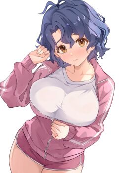 1girl absurdres antenna_hair b1ack_illust blue_hair blush breasts collarbone commentary_request fingernails highres idolmaster idolmaster_million_live! jacket large_breasts long_sleeves looking_at_viewer partially_unzipped pink_jacket pink_shorts shirt short_hair short_shorts shorts simple_background solo thighs toyokawa_fuka track_jacket white_background white_shirt yellow_eyes