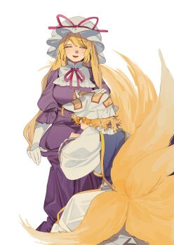 2girls absurdres animal_hat blonde_hair blue_tabard closed_eyes commentary_request dress facing_viewer fox_tail gloves hat hat_ribbon headpat highres kitsune long_hair long_sleeves looking_at_viewer mob_cap multiple_girls multiple_tails neck_ribbon open_mouth pink_ribbon purple_dress ribbon shi_chimi simple_background sitting smile tabard tail touhou white_background white_gloves yakumo_ran yakumo_yukari yellow_eyes