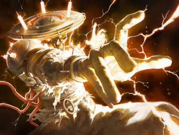 1boy black_background burnt coil deadlock_(game) electricity hat hieumay highres lightning prison_clothes prisoner seven_(deadlock) simple_background skull