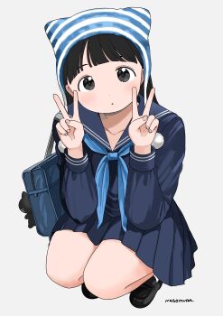absurdres artist_name bag bag_charm black_eyes black_hair black_shoes blue_bag blue_neckerchief blue_sailor_collar blue_serafuku blue_shirt blue_skirt charm_(object) closed_mouth collarbone commentary dot_mouth double_v hat hat_with_ears highres loafers looking_at_viewer nagomurasan neckerchief original pleated_skirt sailor_collar school_uniform serafuku shirt shoes shoulder_bag simple_background skirt squatting striped_hat v white_background