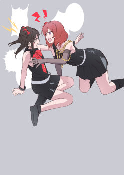Rule 34 | 2girls, absurdres, all fours, anger vein, arguing, bare shoulders, black dress, bow, commentary request, diamond princess no yuuutsu, dress, eye contact, foot out of frame, full body, grey background, hair bow, highres, inazuma (elect line), lightning bolt symbol, looking at another, love live!, love live! school idol project, medium hair, multiple girls, nishikino maki, open mouth, pleated dress, purple eyes, red bow, red eyes, short dress, single-shoulder dress, sitting, sleeveless, sleeveless dress, twintails, yazawa nico